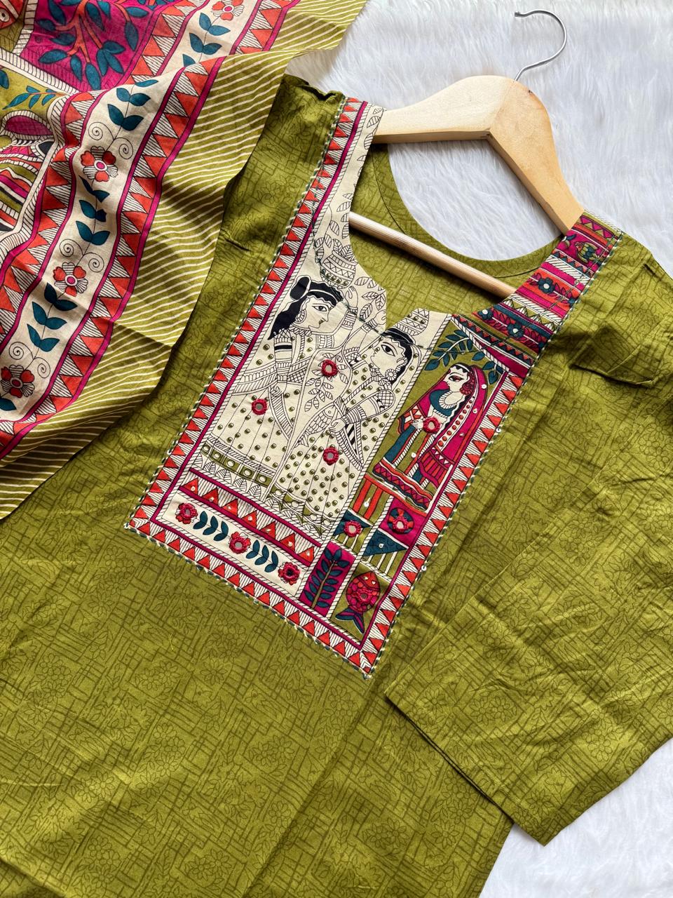 Olive Green Cotton KurtiPalazzo & Printed Dupatta Set for Women