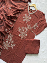 Embroidered Cotton Kurti Pant & Dupatta Set - Brown