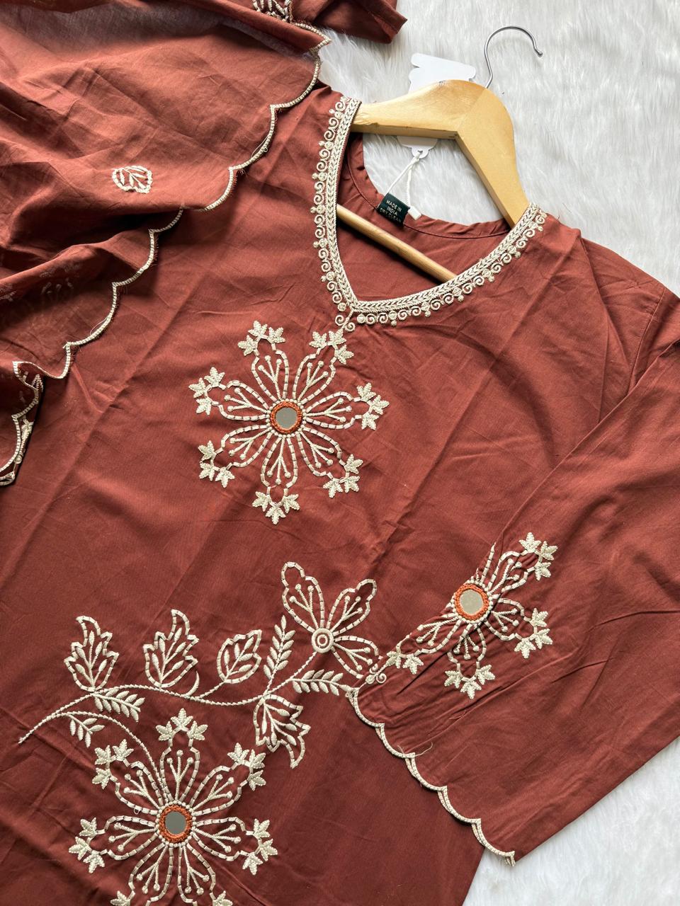 Embroidered Cotton Kurti Pant & Dupatta Set - Brown
