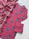 Rose Pink Floral Printed Cotton Kurti Pant & Dupatta Set