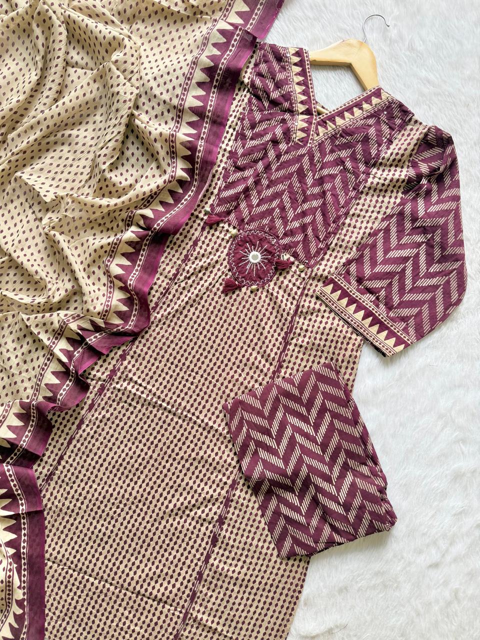 Mauve & Beige Printed Cotton Kurti Pant & Dupatta Set