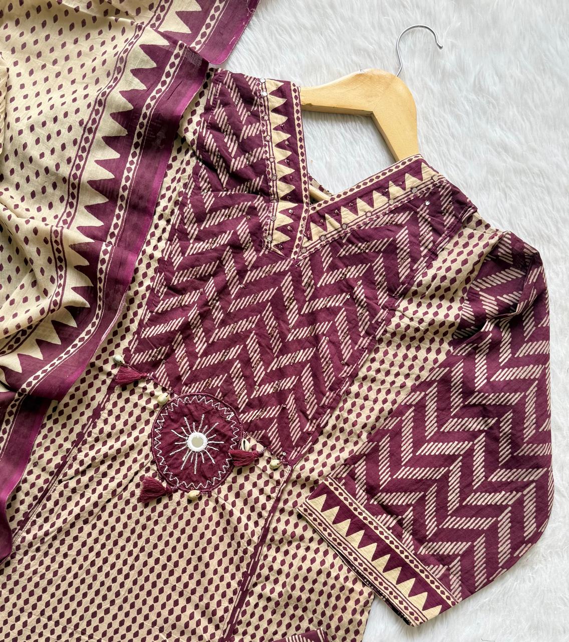 Mauve & Beige Printed Cotton Kurti Pant & Dupatta Set