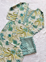 Off White & Teal Green Floral Print Cotton V-Neck Kurti Pant Set