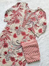 Off White & Coral Pink Floral Print Cotton V-Neck Kurti Pant Set