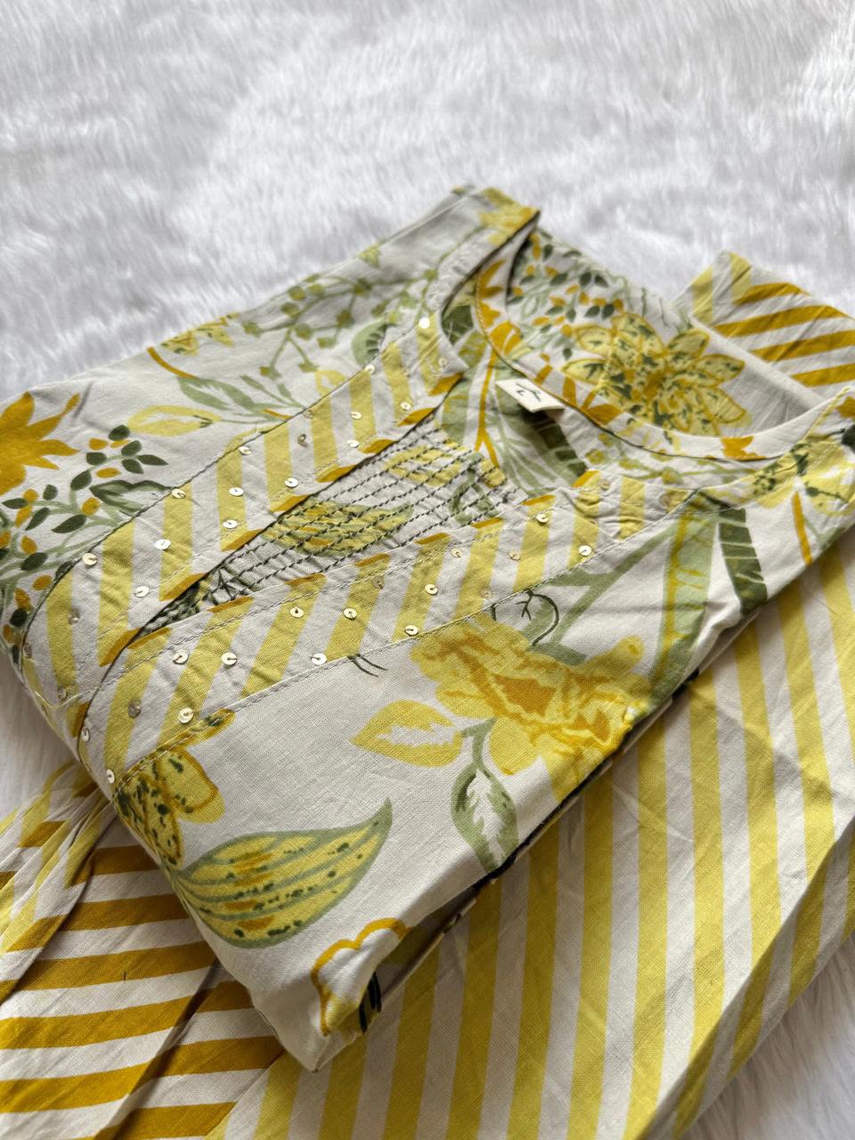Off White & Mustard Yellow Floral Print Cotton V-Neck Kurti Pant Set