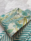 Off White & Teal Green Floral Print Cotton V-Neck Kurti Pant Set