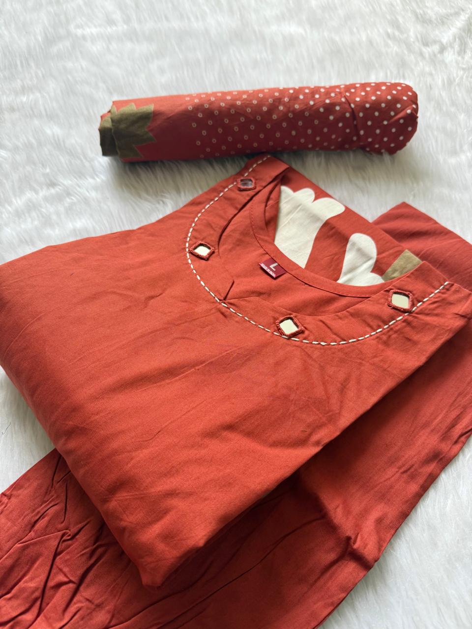 Coral Orange Digital Printed Cotton Kurti, Pant & Digital Print Stole Dupatta Set