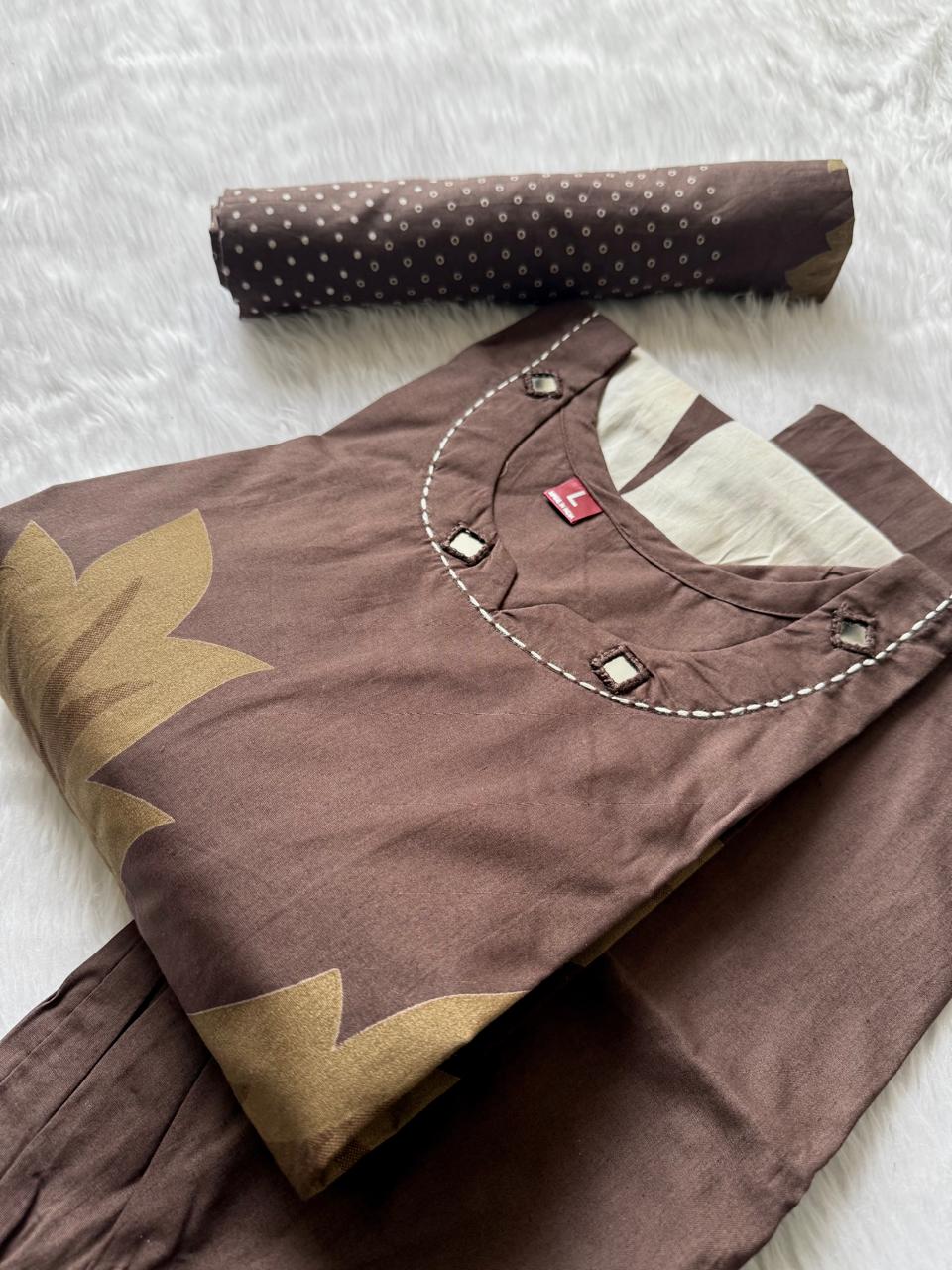 Coffee Brown Digital Printed Cotton Kurti Pant & Digital Print Stole Dupatta Set