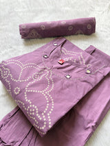 Lavender Bandhej Discharge Print Cotton Kurti Pant & Dupatta Set