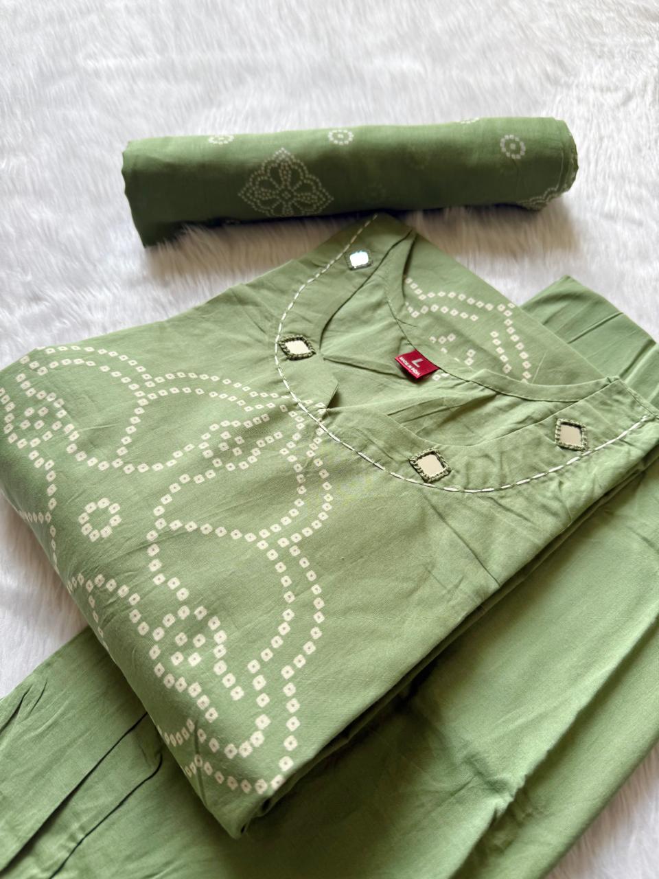 Sage Green Bandhej Discharge Print Cotton Kurti Pant & Dupatta Set