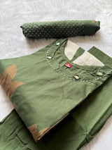 Olive Green Digital Printed Cotton Kurti Pant & Digital Print Stole Dupatta Set