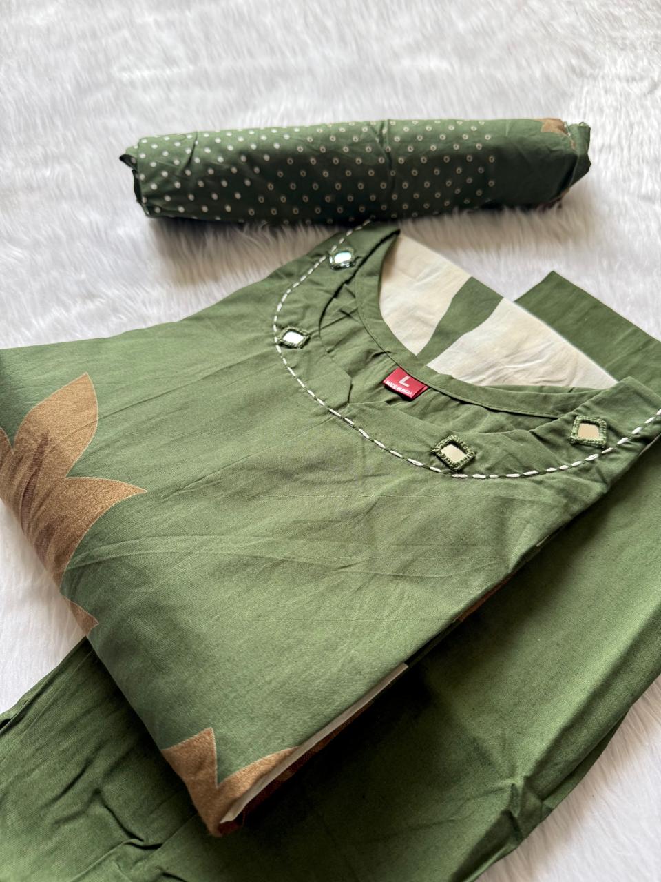 Olive Green Digital Printed Cotton Kurti Pant & Digital Print Stole Dupatta Set