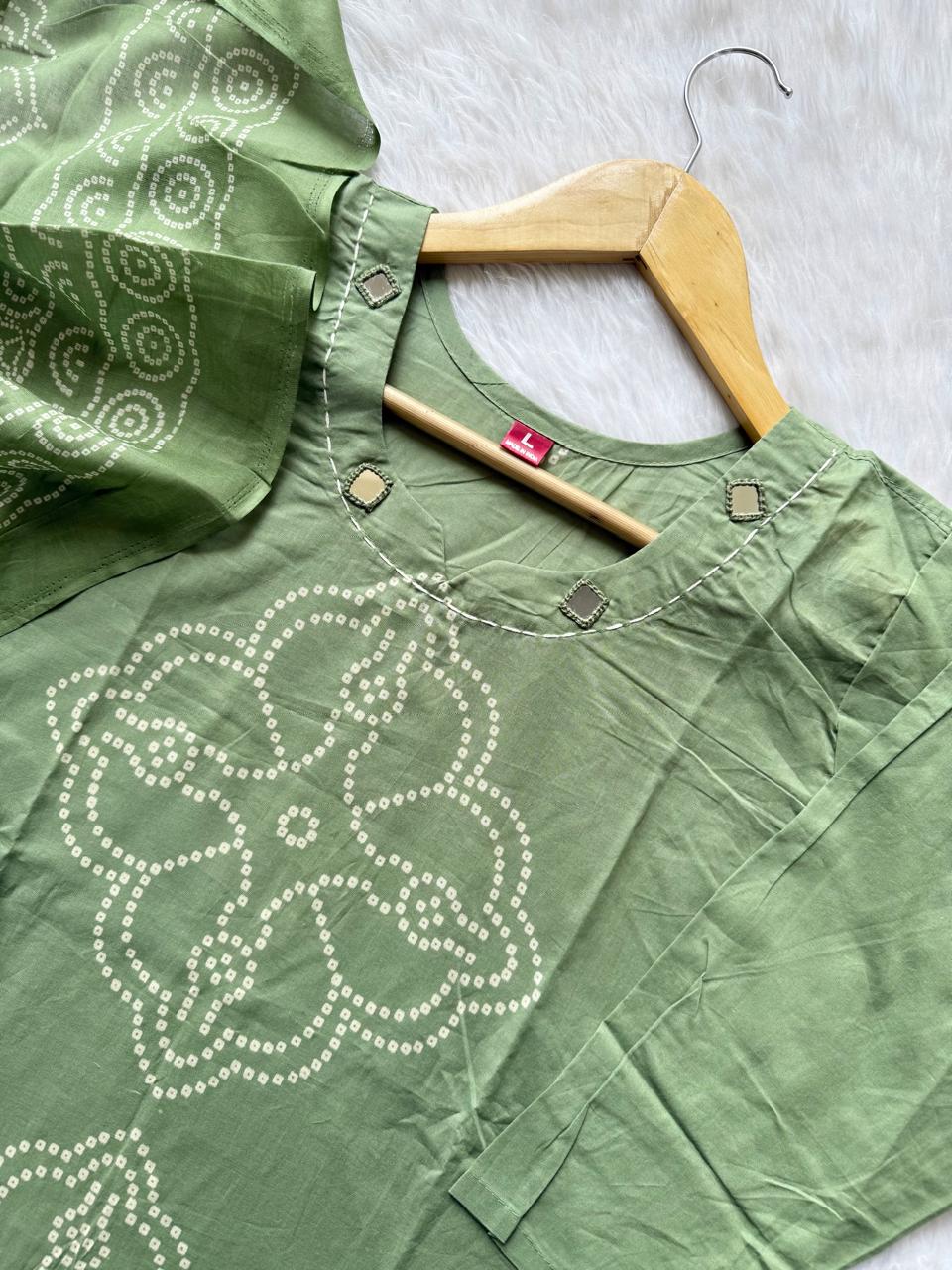 Sage Green Bandhej Discharge Print Cotton Kurti Pant & Dupatta Set