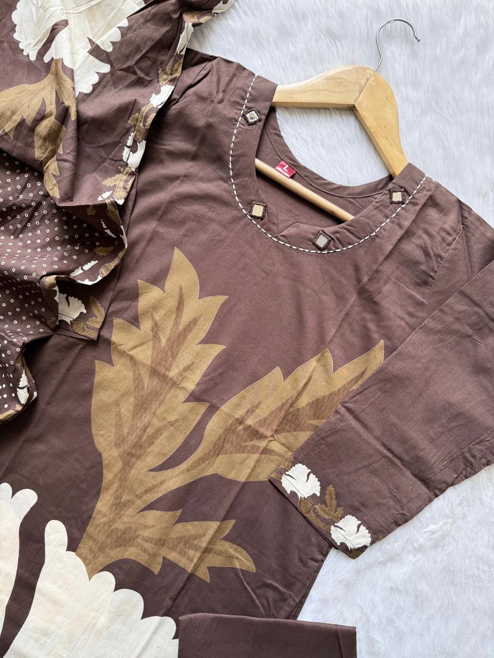 Coffee Brown Digital Printed Cotton Kurti Pant & Digital Print Stole Dupatta Set