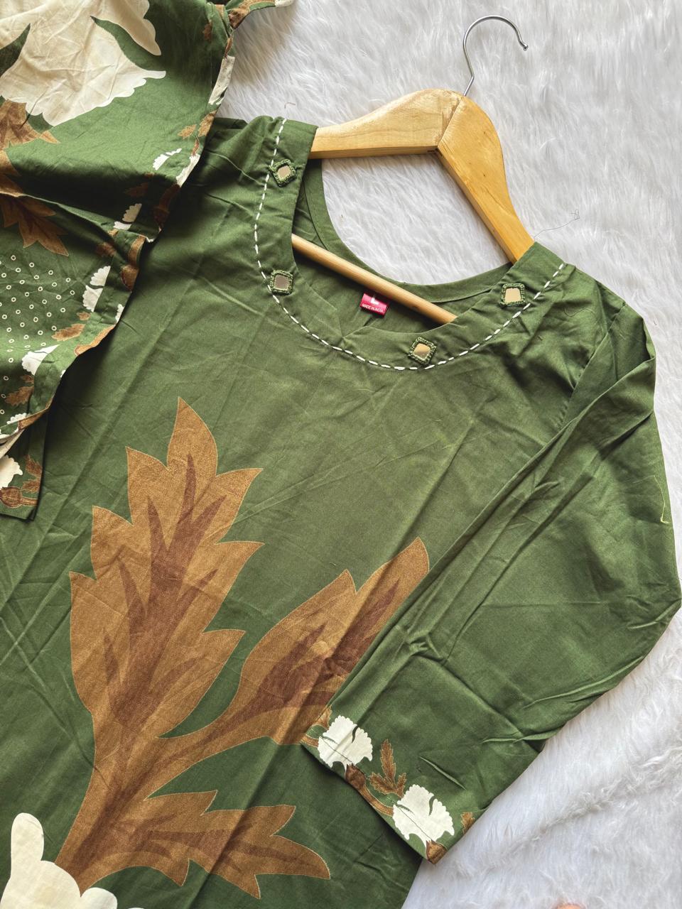 Olive Green Digital Printed Cotton Kurti Pant & Digital Print Stole Dupatta Set