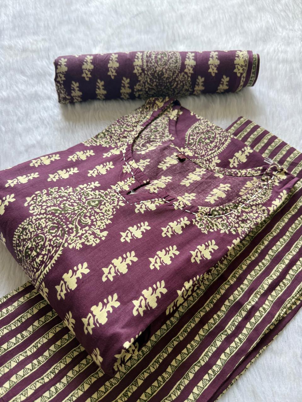 Cotton Printed Kurti Pant & Dupatta Set - Purple