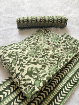 Cotton Printed Kurti Pant & Dupatta Set - Olive Green
