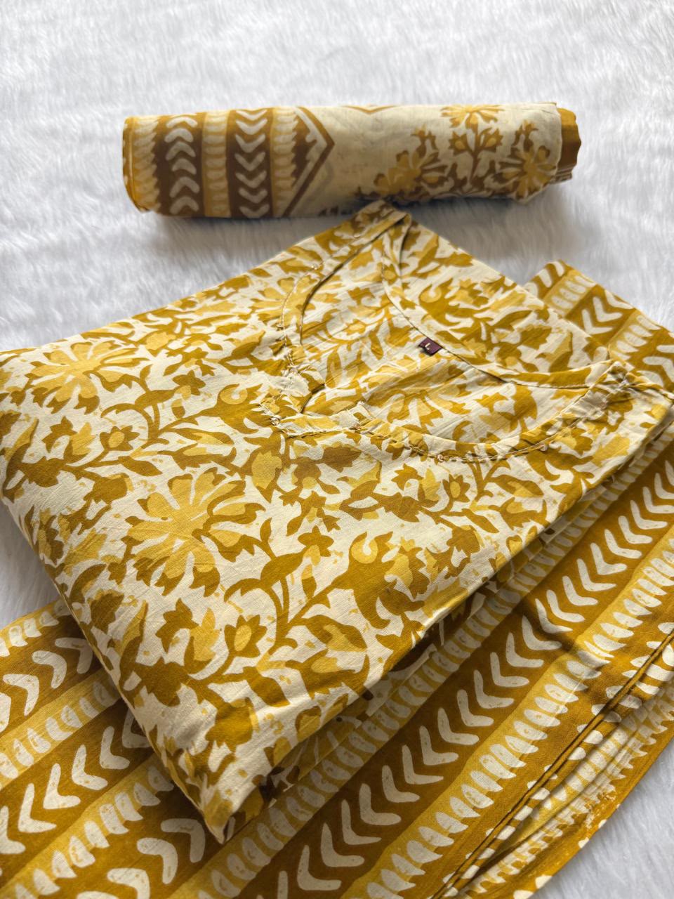 Cotton Printed Kurti Pant & Dupatta Set - Mustard Yellow