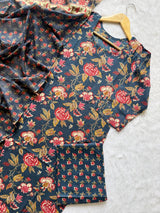 Floral Printed Cotton Kurti Pant & Dupatta Set - Blue