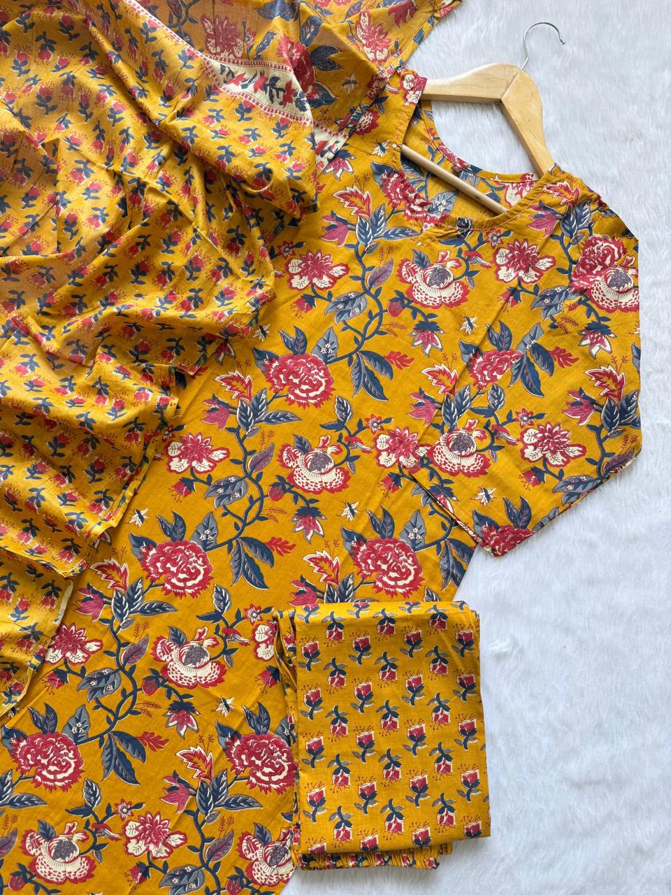 Floral Printed Cotton Kurti Pant & Dupatta Set - Mustard Yellow