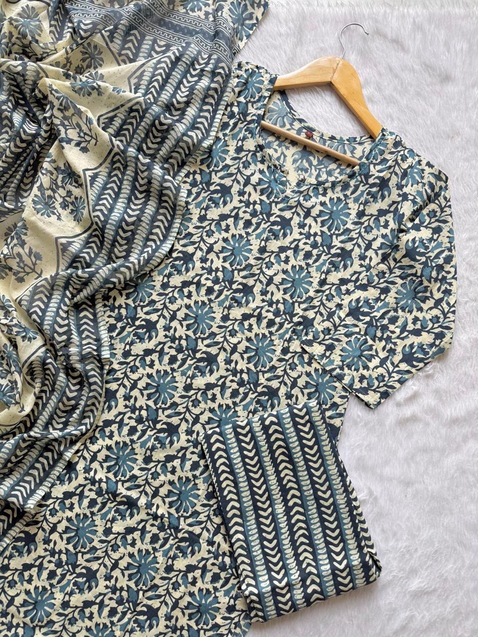 Cotton Printed Kurti Pant & Dupatta Set - Blue Grey
