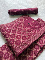 Floral Printed Kurti Pant & Dupatta Set with Mirror Work Yoke - Wine