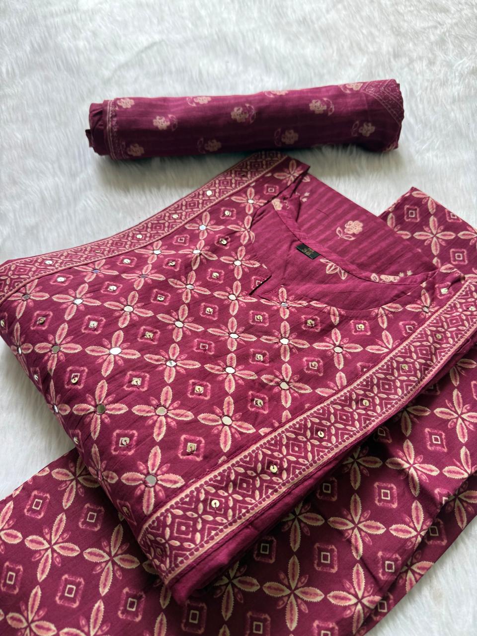 Floral Printed Kurti Pant & Dupatta Set with Mirror Work Yoke - Wine
