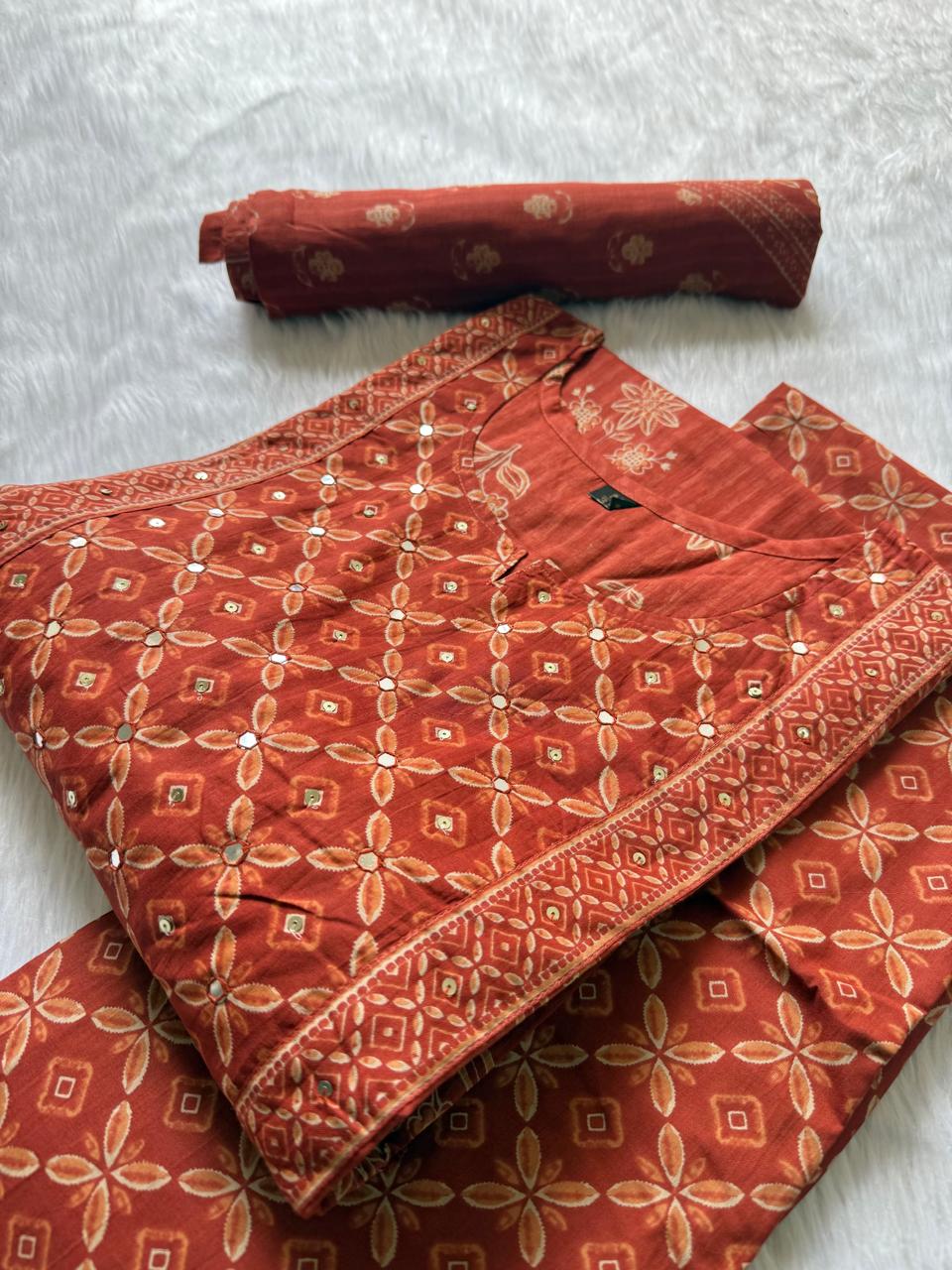 Floral Printed Kurti Pant & Dupatta Set with Mirror Work Yoke - Rust Orange
