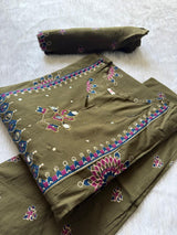 Mirror Work Yoke Kurti Pant & Printed Dupatta Set - Olive Green