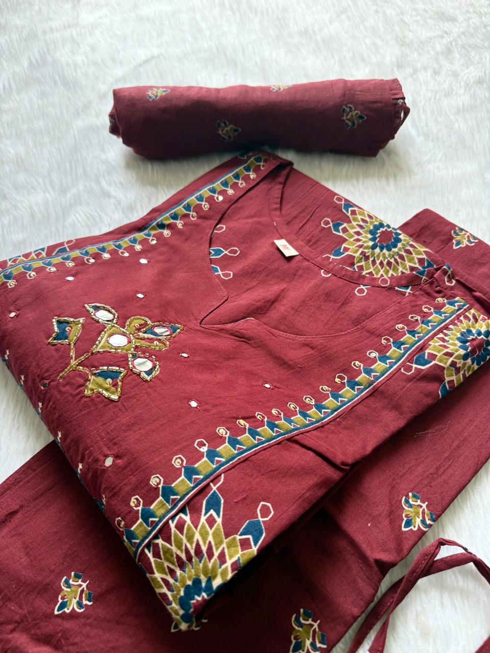 Mirror Work Yoke Kurti Pant & Printed Dupatta Set - Maroon