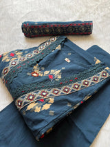 Embroidered V-Neck Cotton Kurti Pant & Printed Dupatta Set - Steel Blue
