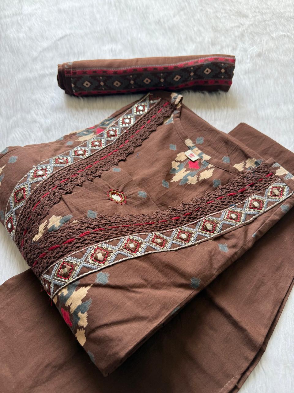 Embroidered V-Neck Cotton Kurti Pant & Printed Dupatta Set - Chocolate Brown
