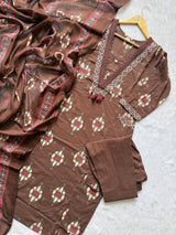 Embroidered V-Neck Cotton Kurti Pant & Printed Dupatta Set - Chocolate Brown