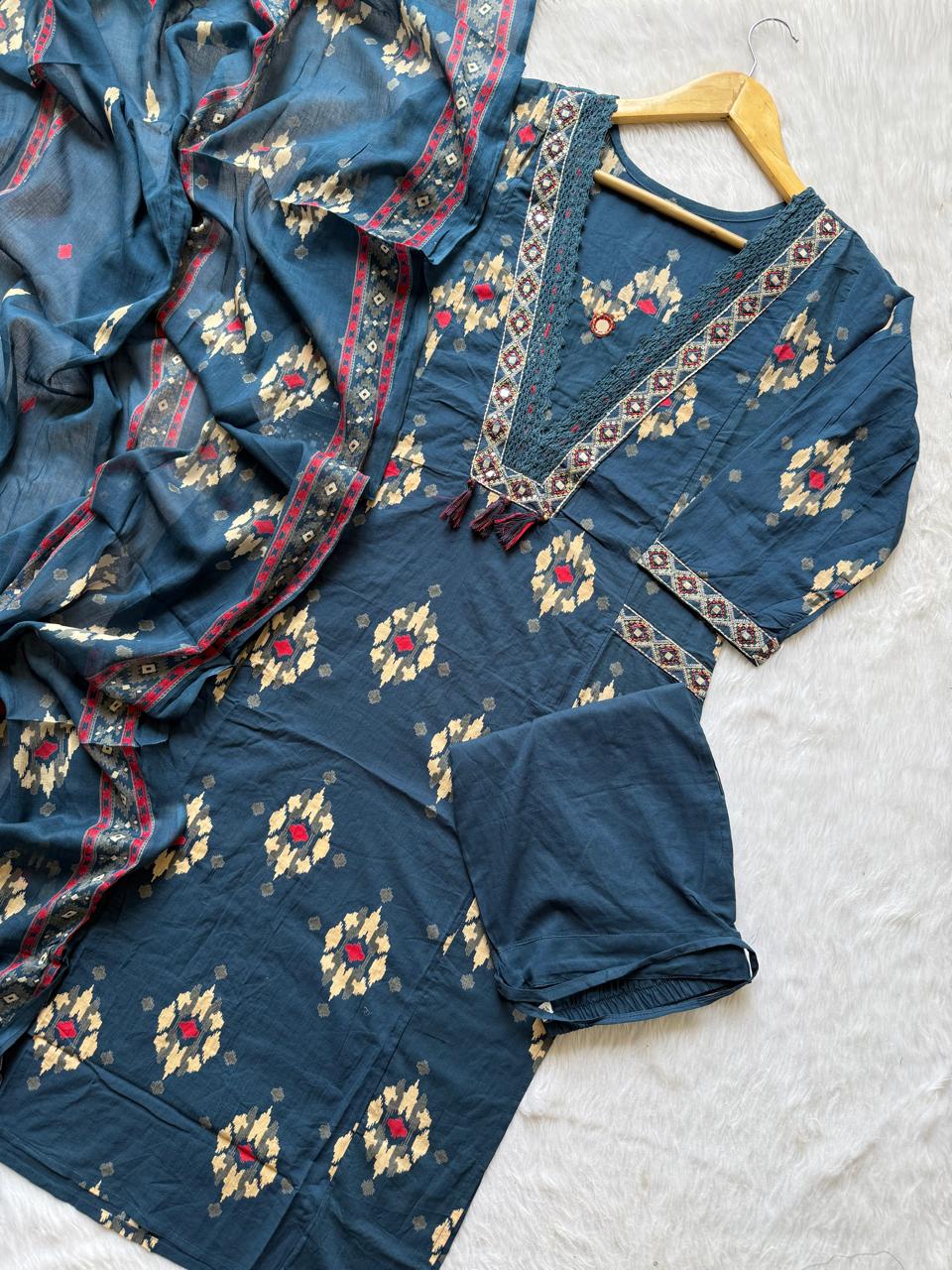 Embroidered V-Neck Cotton Kurti Pant & Printed Dupatta Set - Steel Blue