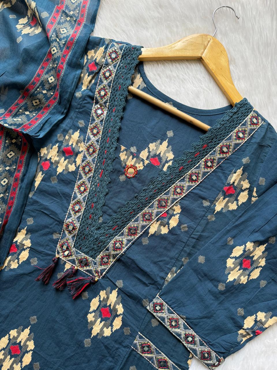 Embroidered V-Neck Cotton Kurti Pant & Printed Dupatta Set - Steel Blue