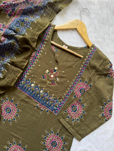 Mirror Work Yoke Kurti Pant & Printed Dupatta Set - Olive Green