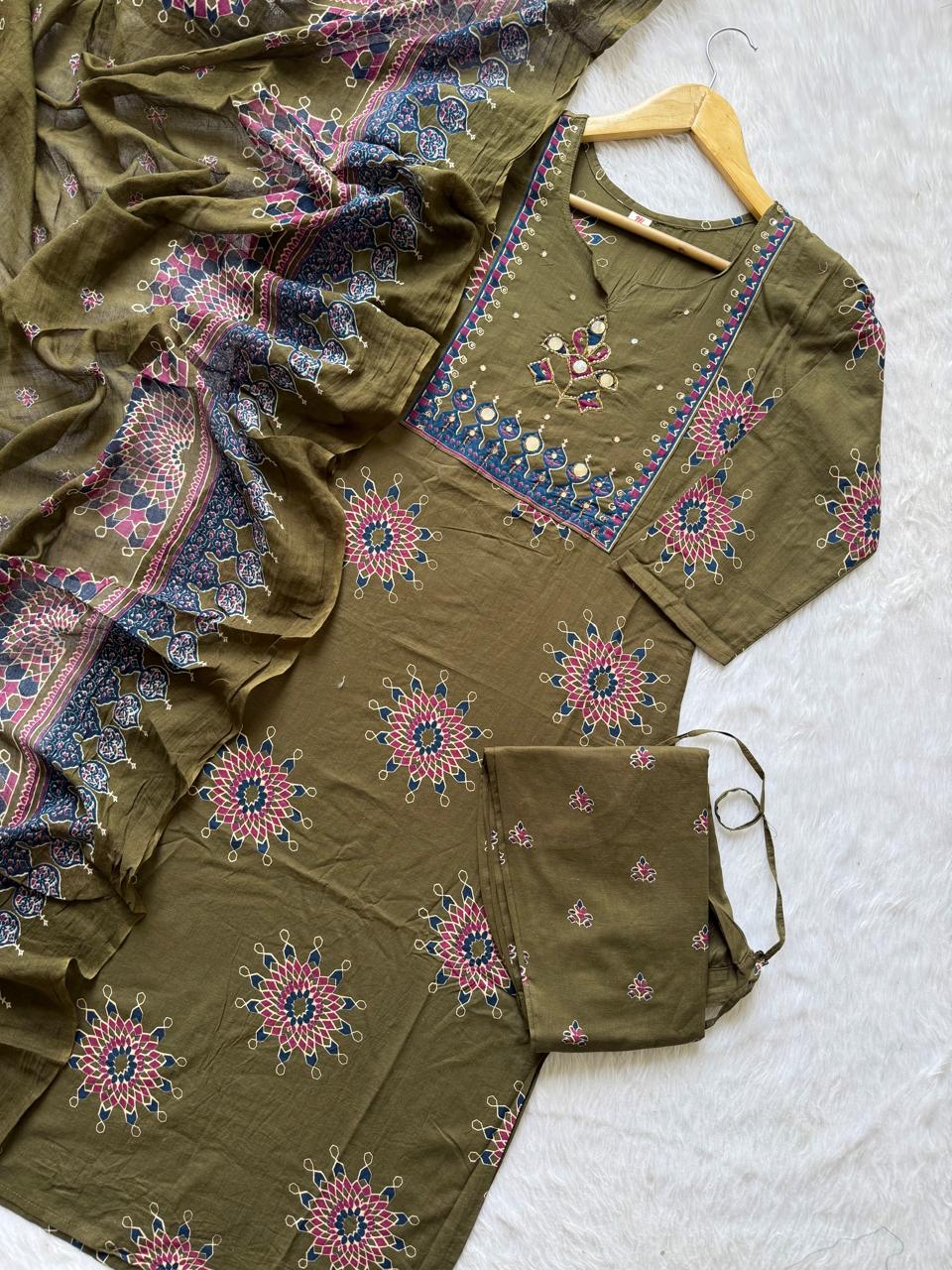 Mirror Work Yoke Kurti Pant & Printed Dupatta Set - Olive Green