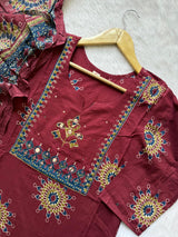 Mirror Work Yoke Kurti Pant & Printed Dupatta Set - Maroon