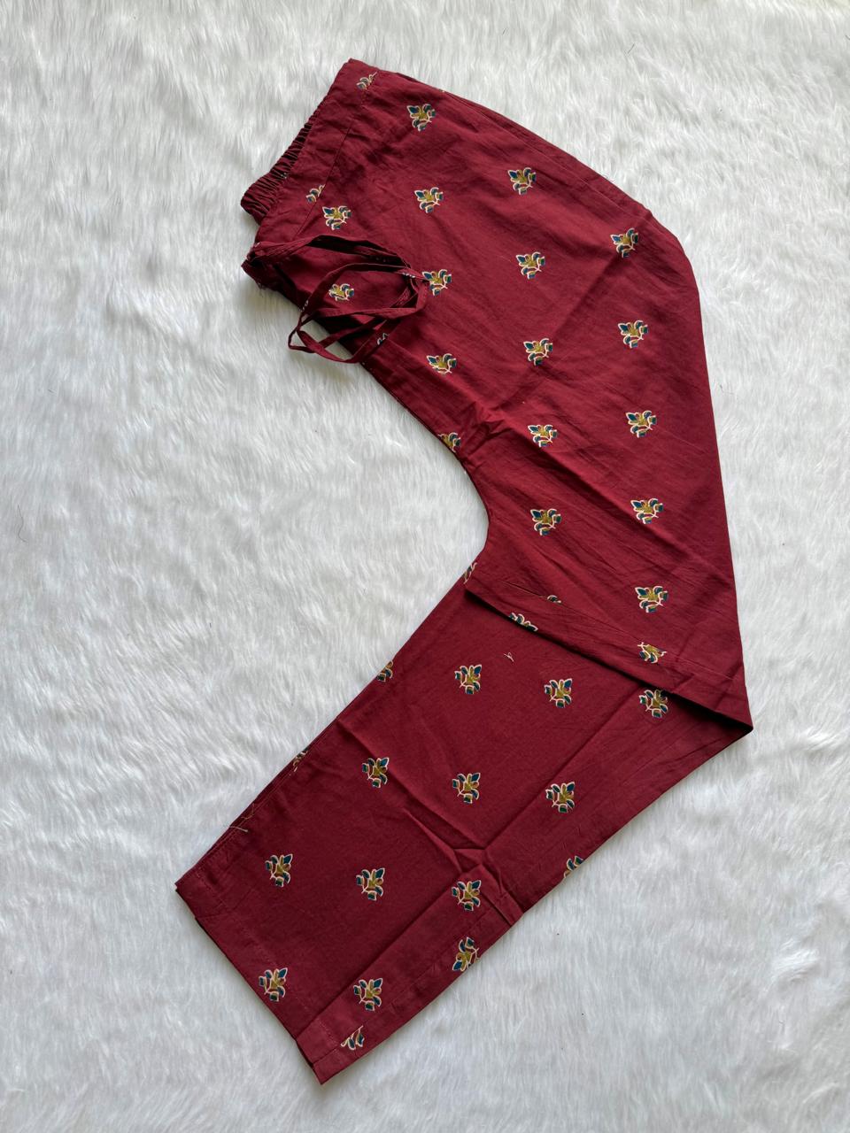 Mirror Work Yoke Kurti Pant & Printed Dupatta Set - Maroon