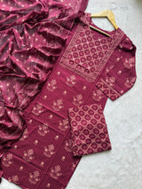 Floral Printed Kurti Pant & Dupatta Set with Mirror Work Yoke - Wine
