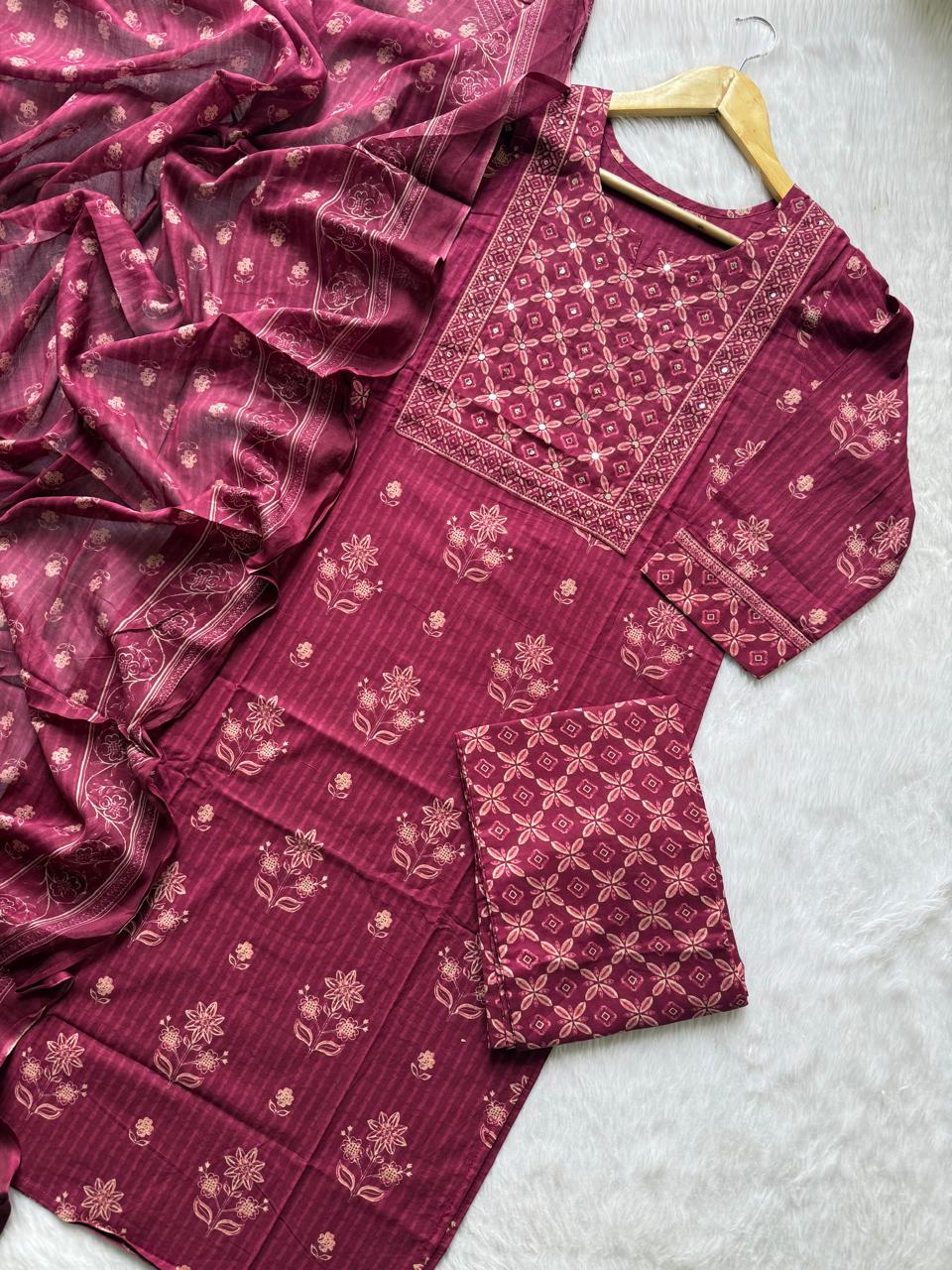 Floral Printed Kurti Pant & Dupatta Set with Mirror Work Yoke - Wine