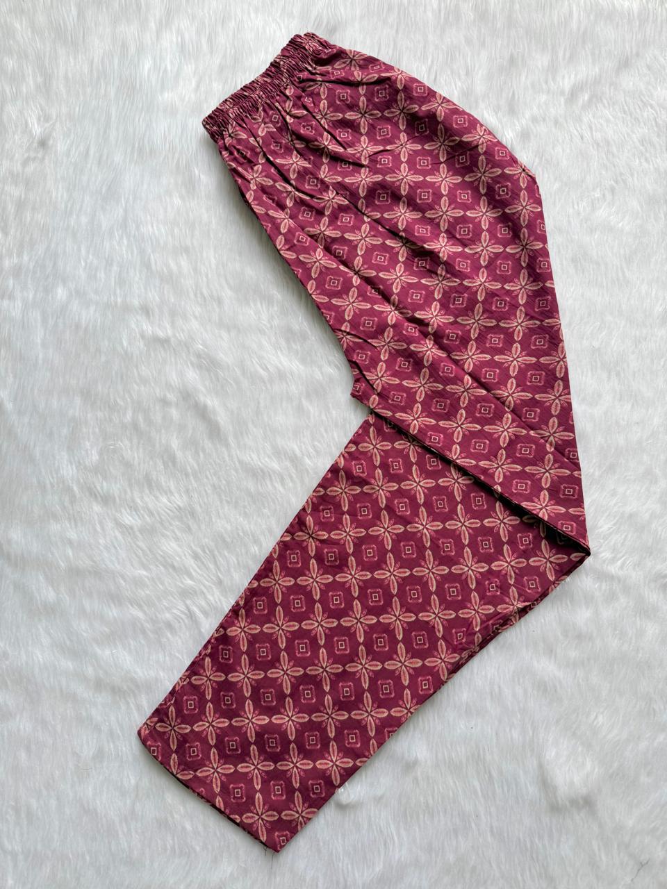 Floral Printed Kurti Pant & Dupatta Set with Mirror Work Yoke - Wine