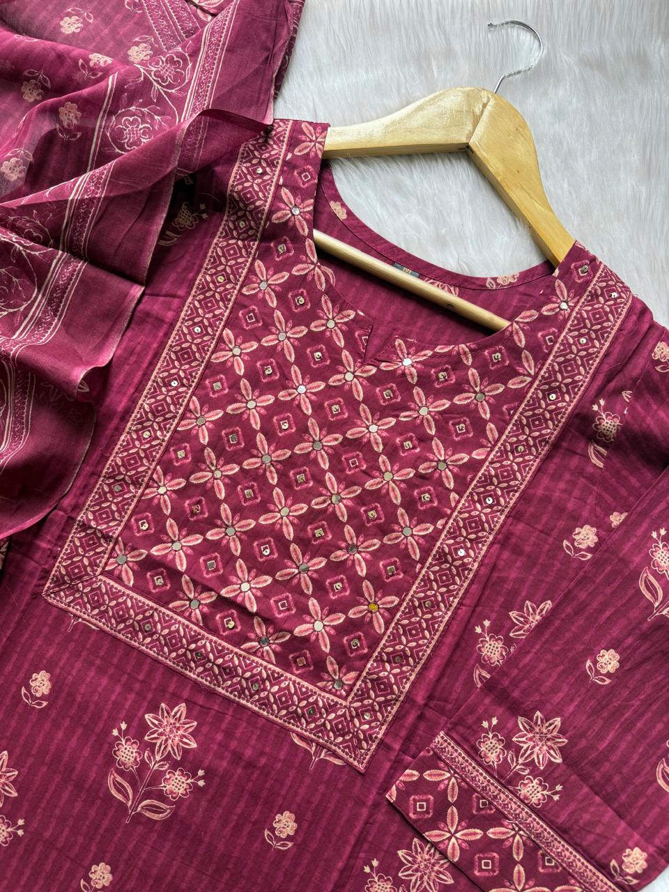 Floral Printed Kurti Pant & Dupatta Set with Mirror Work Yoke - Wine