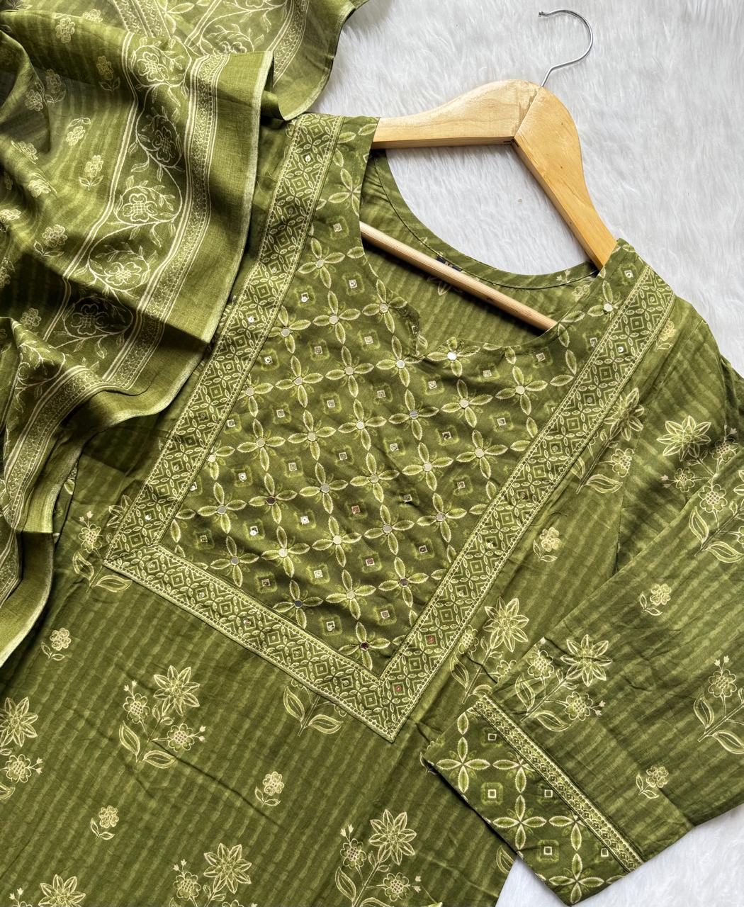 Floral Printed Kurti Pant & Dupatta Set with Mirror Work Yoke - Olive Green