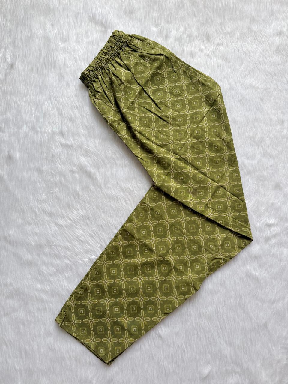 Floral Printed Kurti Pant & Dupatta Set with Mirror Work Yoke - Olive Green