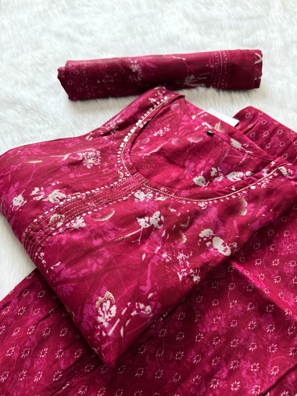 Magenta Premium Muslin Floral Printed Kurti Pant & Dupatta Set