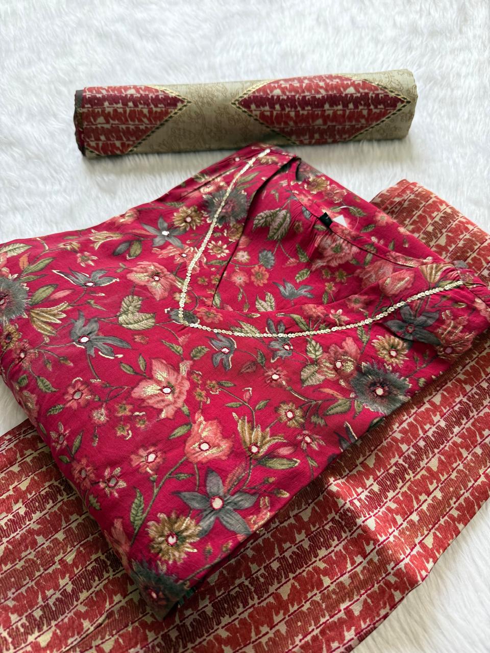 Premium Muslin Floral Printed Kurti Pant & Dupatta Set