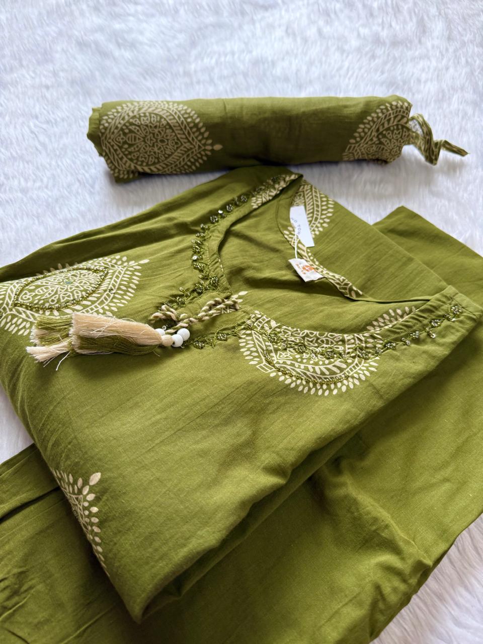 Paisley Printed Kurti Pant & Dupatta Set with Embellished Neck - Olive Green