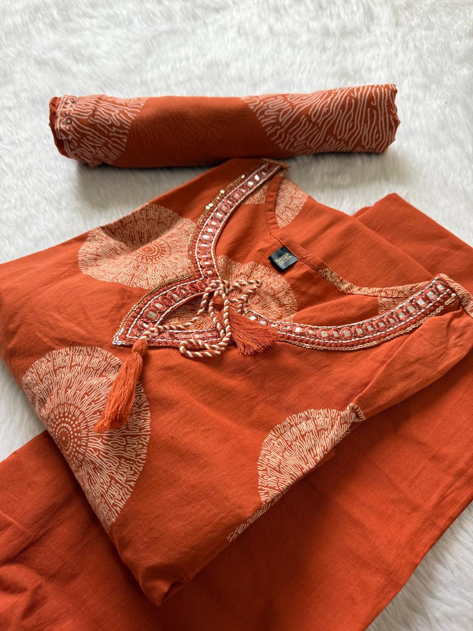 Cotton Printed Kurti Pant & Dupatta Set with Embellished Round Neck - Rust Orange