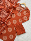 Cotton Printed Kurti Pant & Dupatta Set with Embellished Round Neck - Rust Orange